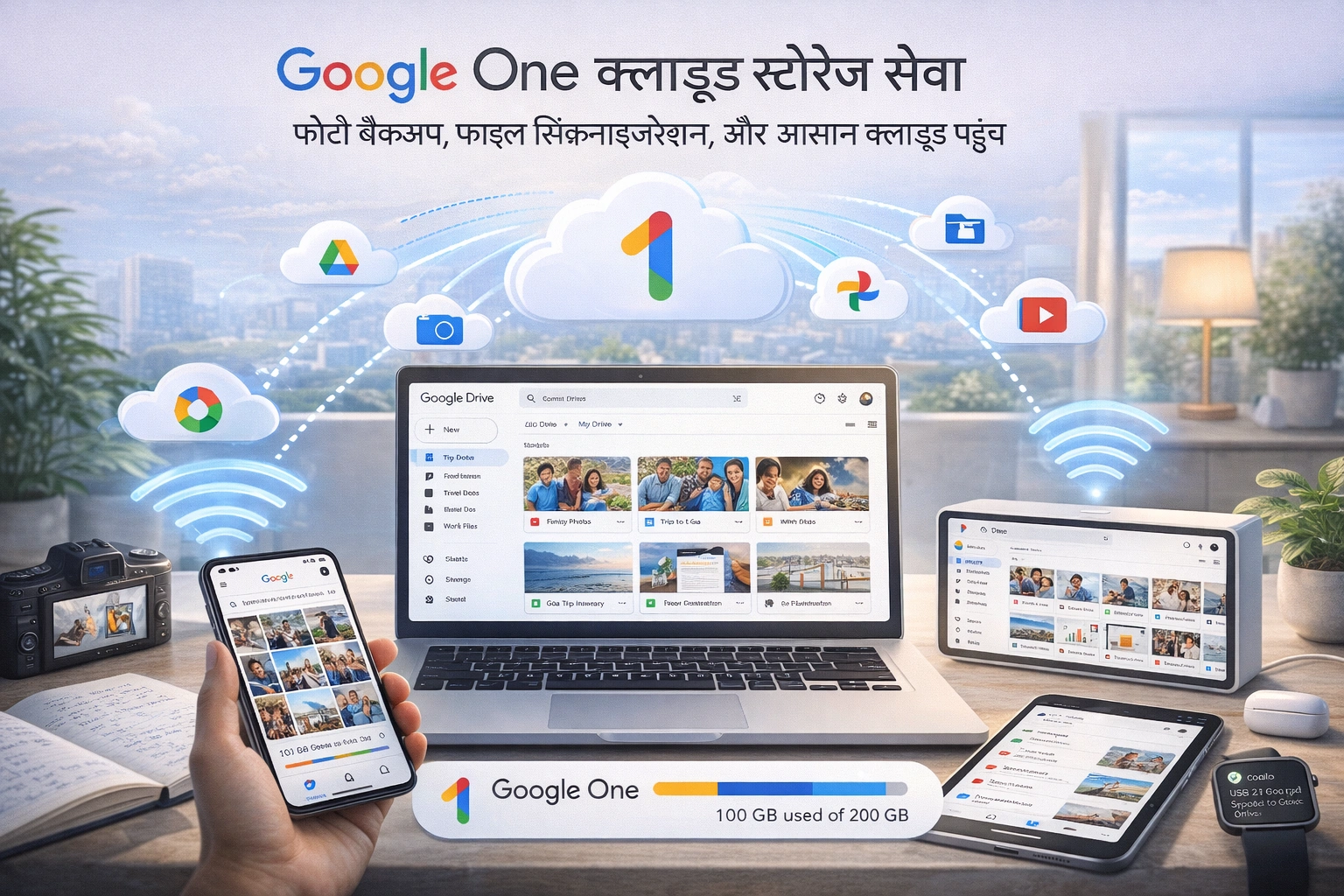 Google One क्लाउड स्टोरेज सेवा का विजुअल - विभिन्न डिवाइस से जुड़ा Google ड्राइव इंटरफेस, फोटो बैकअप, और फाइल सिंक्रनाइज़ेशन दिखाता हुआ