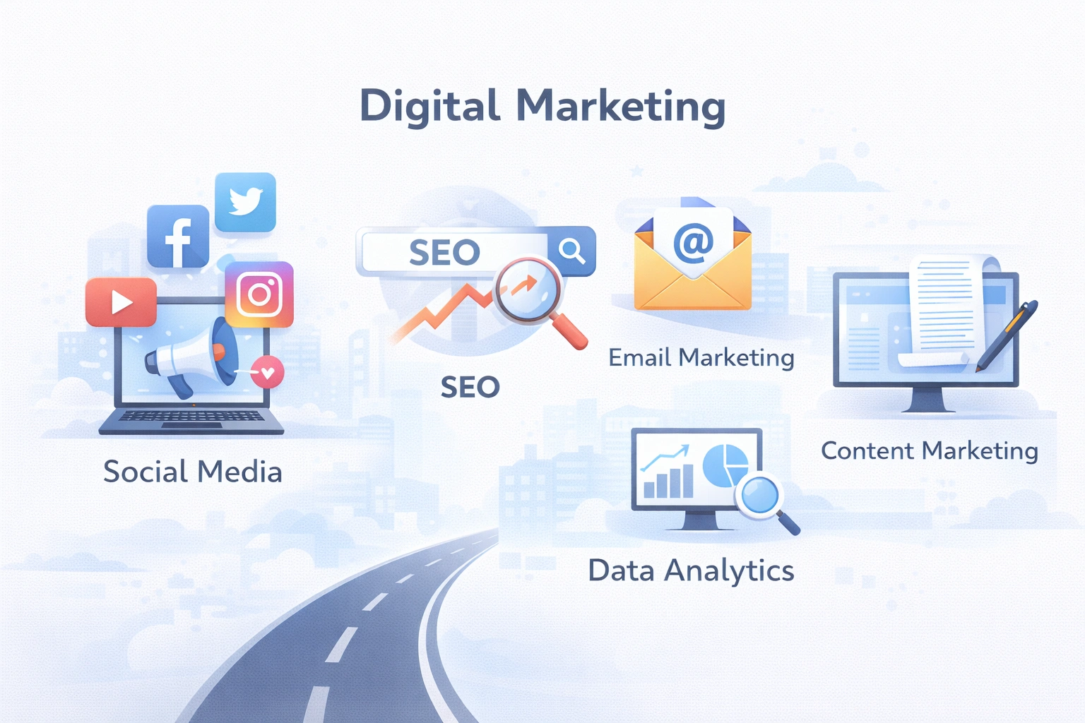 डिजिटल मार्केटिंग का विजुअल - सोशल मीडिया आइकन, SEO, ईमेल मार्केटिंग, कंटेंट मार्केटिंग और डेटा एनालिटिक्स को दर्शाता हुआ डिजिटल लैंडस्केप