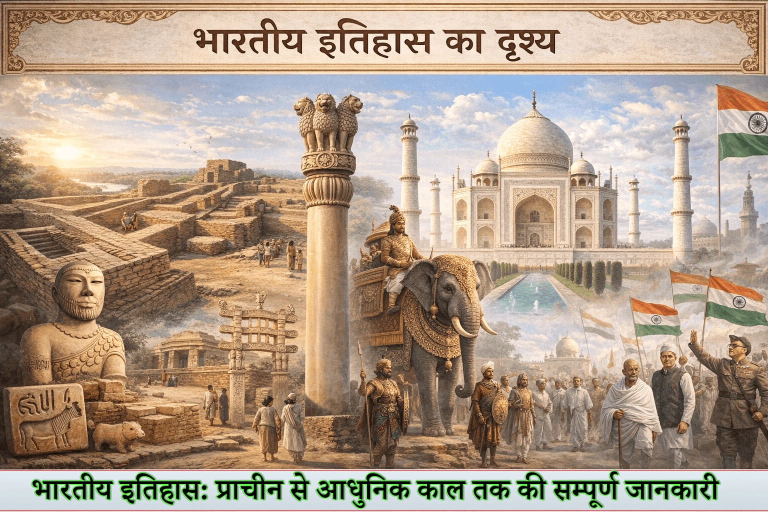 भारतीय इतिहास का दृश्य - हड़प्पा सभ्यता के अवशेष, मौर्य काल की कला, मुगल वास्तुकला और स्वतंत्रता संग्राम के दृश्यों का संग्रह