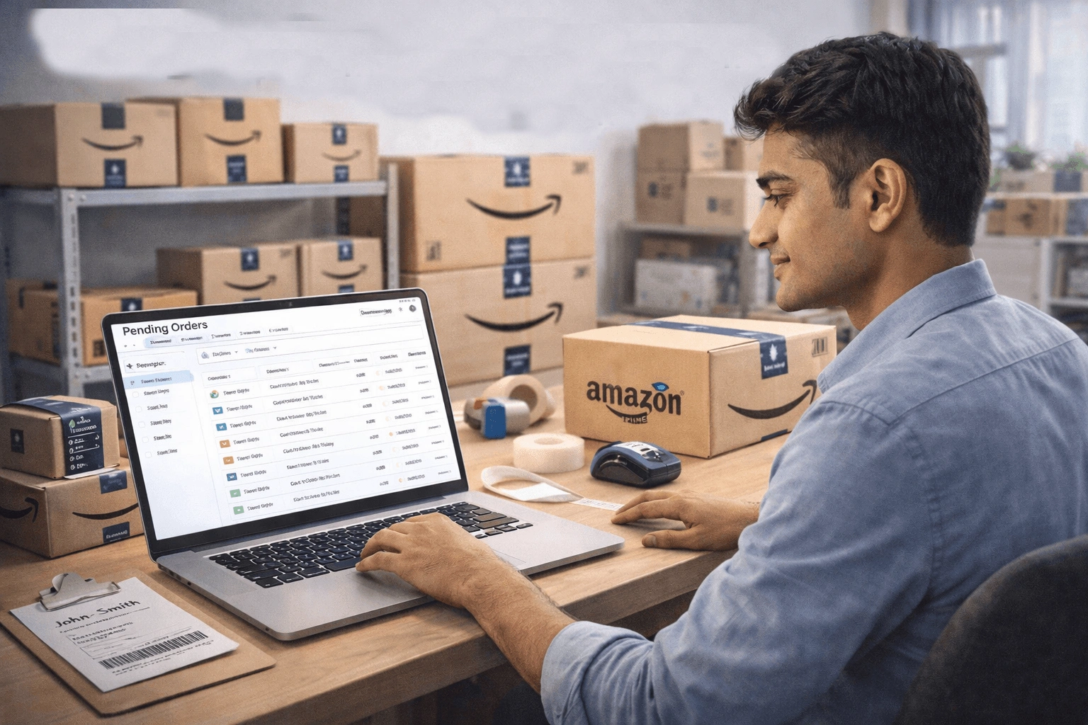भारतीय उद्यमी अमेज़न एफबीए का उपयोग करते हुए - लैपटॉप पर ऑर्डर प्रबंधित करना, पैकेजिंग स्टेशन, और Amazon ब्रांडेड बॉक्स दिखाता हुआ दृश्य